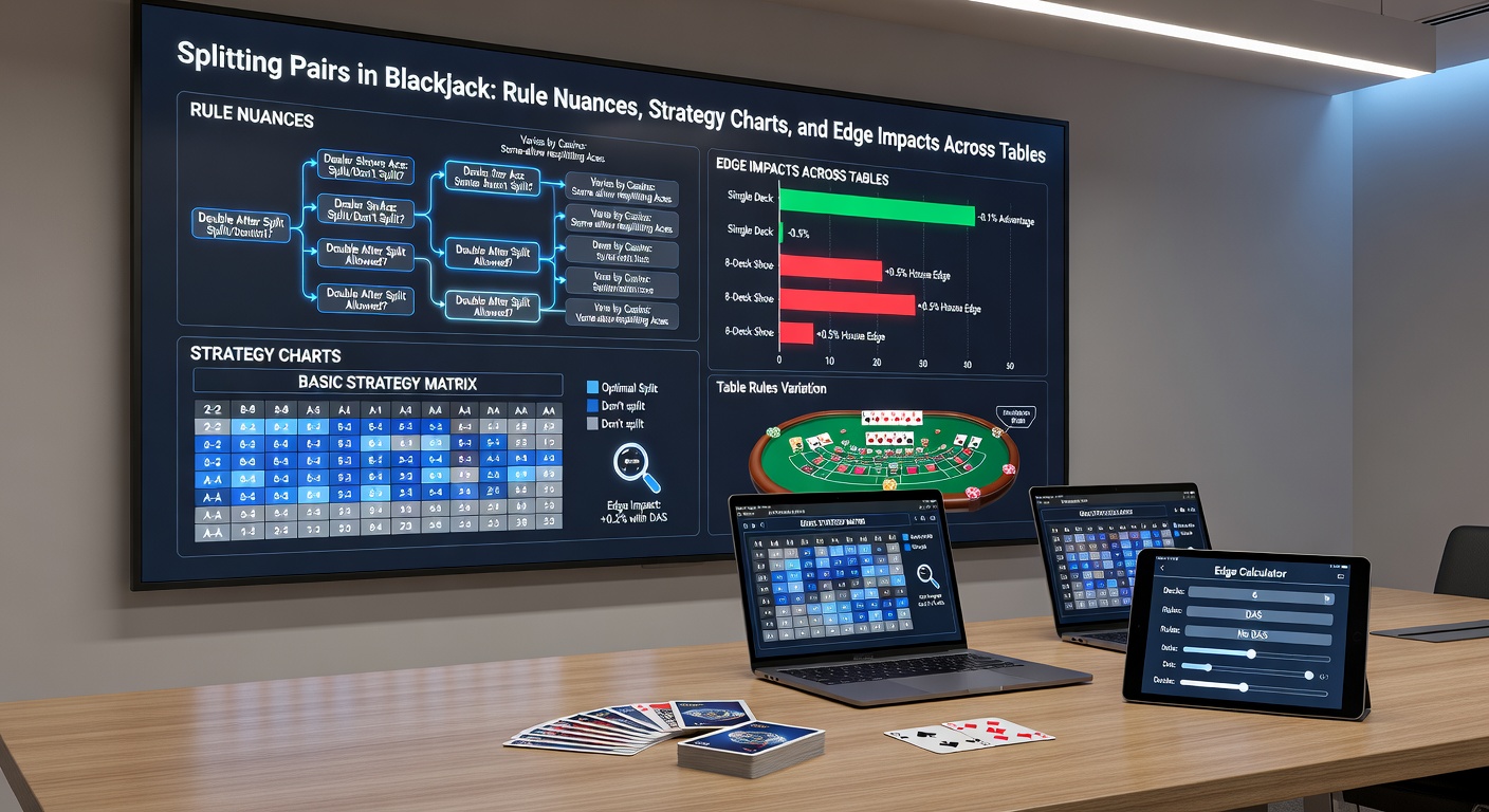 Een gedetailleerde strategiekaart voor blackjack-splitting, met kleurcodering voor optimale plays tegen dealer upcards van 2 tot A, gebaseerd op basic strategy-simulaties