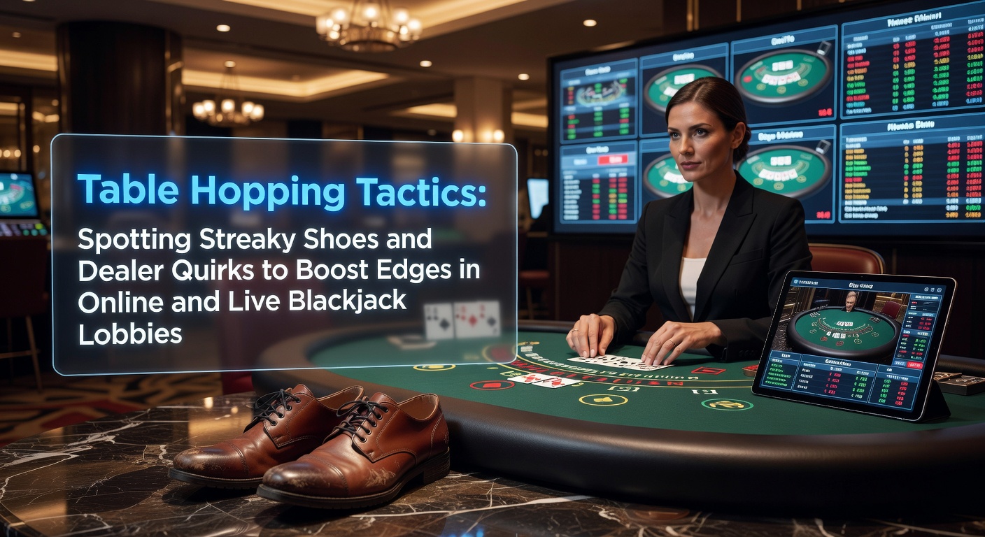 Blackjackspelers observeren meerdere tafels in een bruisende casino lobby, zoekend naar gunstige schoenen en dealerpatronen