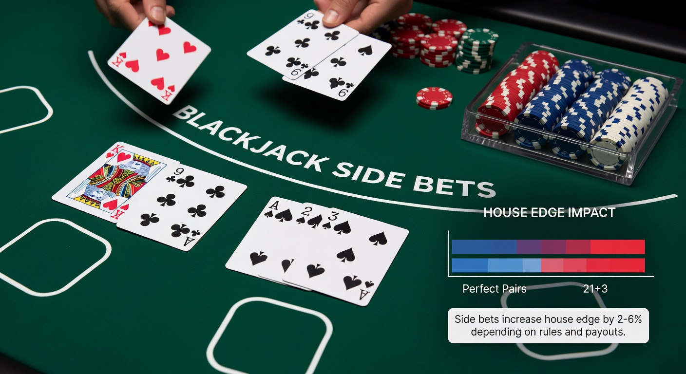 Een close-up van een blackjack-tafel met side bet-opties zoals Perfect Pairs en 21+3 gemarkeerd, kaarten en fiches in actie