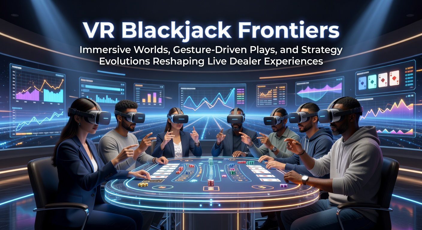 Een speler in een VR-headset die blackjack speelt aan een virtueel casino tafel met levensechte dealer en kaarten die zweven in een futuristische omgeving