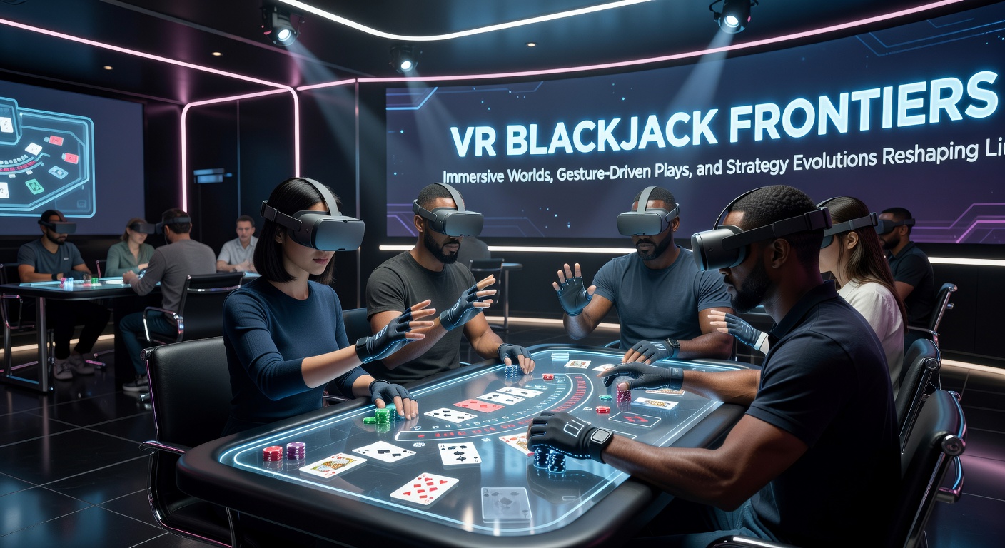 Dichtbij shot van een VR blackjack hand waarbij een speler gebaren maakt om een kaart te trekken, met holografische fiches en een dealer die reageert in een luxe virtueel casino
